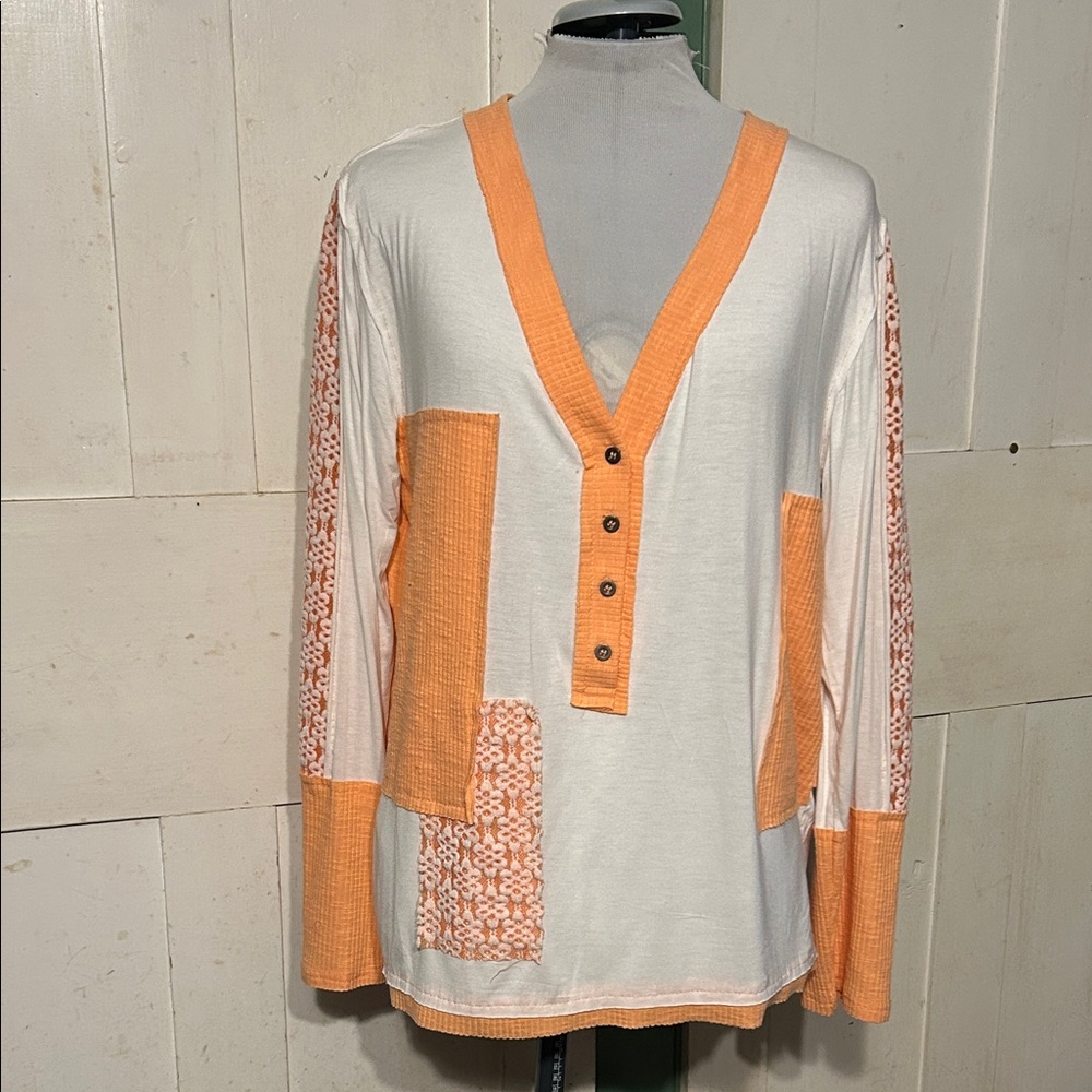 Ex Cond POL Shirt Peachy Orange & Creamy White Hippy Boho Top Beach CoverUp